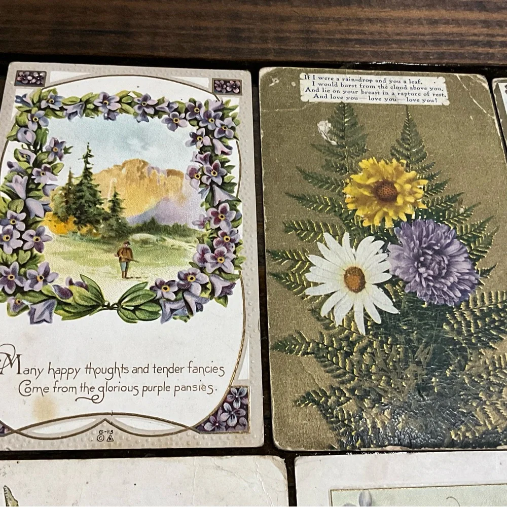 Antique Lot of 8 Assorted Purple Flower Postcards Best Wishes Greetings